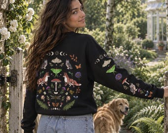 MYSTICAL WOODLAND Zip Up Hoodie with Back & Sleeves print, Forest Animals sweatshirt, Animal lover gift, Botanical Forestcore Nature Hoodie
