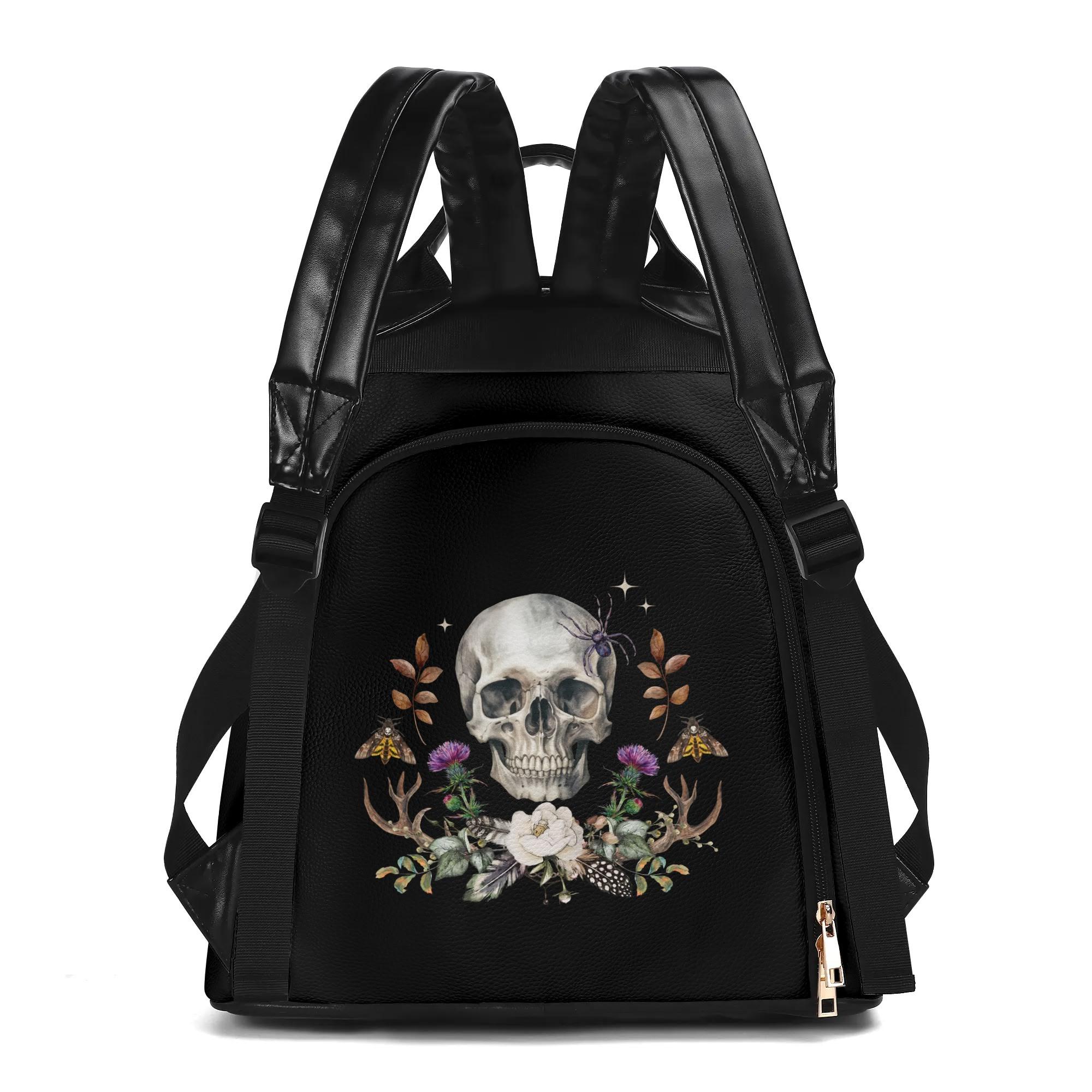 Gothic Crows Skulls Quilted Mini Backpack Travel Daypack for Women Gothic Pink Roses And Vines Skull Cross Small Size Backpack  main image 2