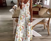 FLORAL BIRDS Sling Dress, Boho Flowers Ankle Length Summer
