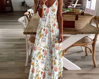 FLORAL BIRDS Sling Dress, Boho Flowers Ankle Length Summer Sundress, Garden Party style Dress, Cottagecore Maxi Sun Dress, Casual Dress