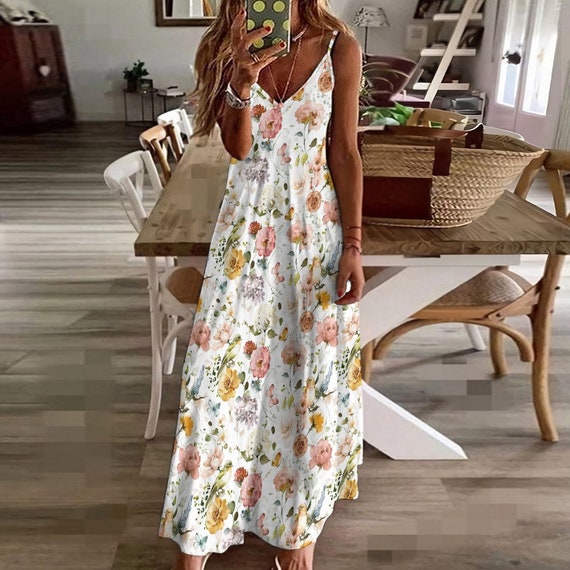 Womens Dress Vince Camuto Linen Dress FLORAL BIRDS Sling Dress, Boho  Flowers Ankle Length Summer Sundress, Garden Party Style Dress, Cottagecore  Maxi Sun Dress, Casual Dress