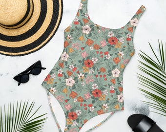 RETRO HIPPIE FLORAL One-Piece Swimsuit, Boho Flowers Morris Style Swimming Suit for Ladies, Bohemian Garden Bathing Suit, Beach Outfit