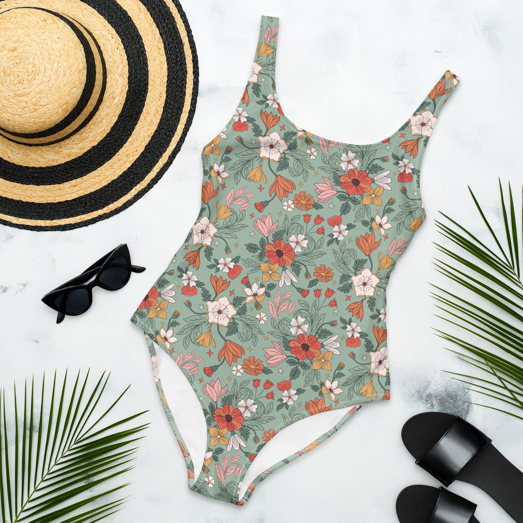 K様épine rétro flower bi-color swim wear RETRO HIPPIE FLORAL One-piece Swimsuit, Boho Flowers Morris Style