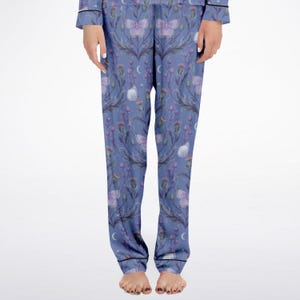 MAGICAL MOTH & THISTLE Satin Pajama Set, Winter Garden Long Sleeve Shirt Pants pj, Cottagecore Floral Sleepwear Whimsical Flowers Loungewear