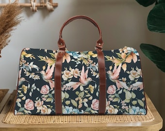 HUMMINGBIRDS Travel Duffle Bag, Bohemian Garden Duffel Bag, Watercolor Peony Carry on Travel bag, Floral Overnight bag, Botanical Weekender
