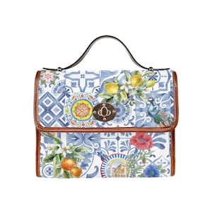 La DOLCE VITA Satchel Handbag, Mediterranean Tiles Citrus Flowers Crossbody Purse Italian Mosaic Waterproof Canvas Bag Majolica shoulder bag
