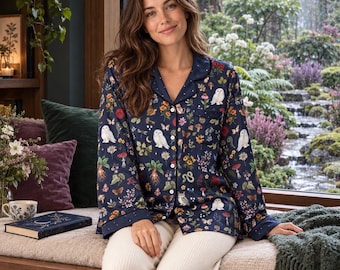 WOODLAND WIZARD Satin Pajama Top, Magical Forest Loungewear Shirt, Dark Floral Silky Nightwear, Owls long sleeve pajama shirt