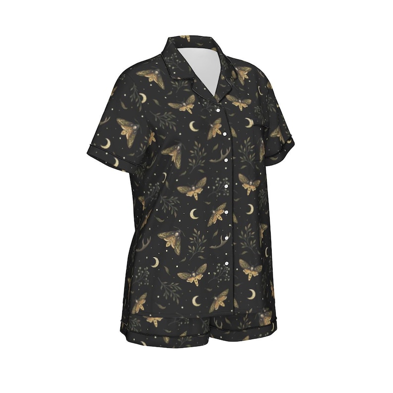 Death's Head HAWKMOTH 2 pcs Pajama set, Mystical Witchy satin pj set, Gothic Women’s short sleeve sh image 4