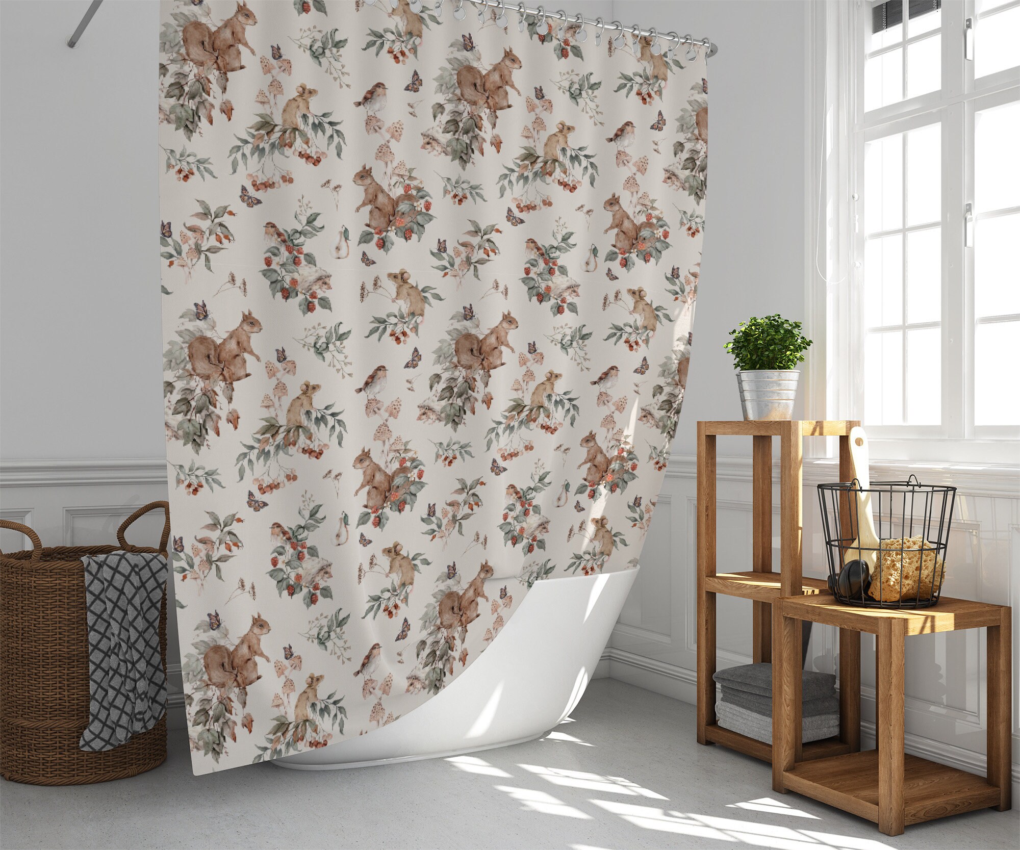 CUTE WOODLAND Waterproof Fabric Shower Curtains with Squirrel Mouse & Birds print, COTTAGECORE Bathroom Decor, Forest Animals Bath Curtains