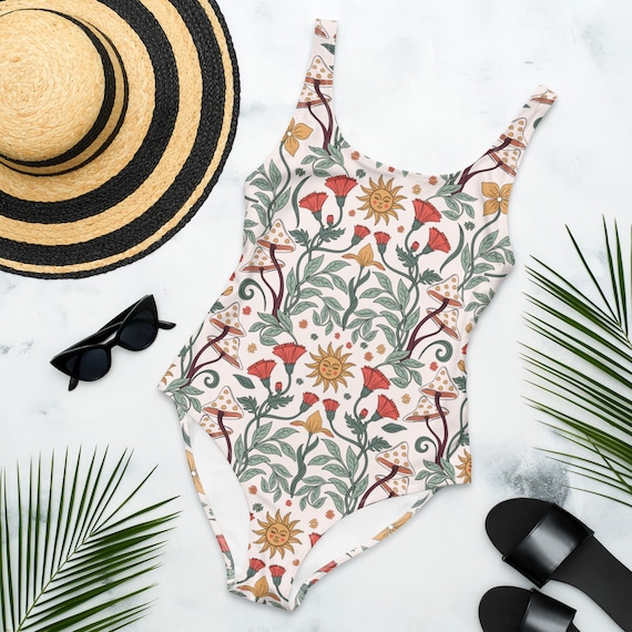 BOHO GARDEN FLORAL One-piece Swimsuit, Wild Flowers Sun Groovy Hippie  Motifs Swimming Suit, Mystical Swimsuit, Bohemian Beach Swimming Suit, 