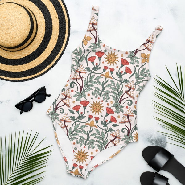 BOHO GARDEN FLORAL One-Piece Swimsuit, Wild Flowers Sun Groovy Hippie Motifs Swimming Suit, Mystical Swimsuit, Bohemian Beach Swimming Suit,