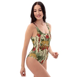 RETRO TIGER Tropical Swimsuit for Wild and Free Ladies, Safari Animal Swimming Suit, Tropical Jungle Wildlife Bathing Suit