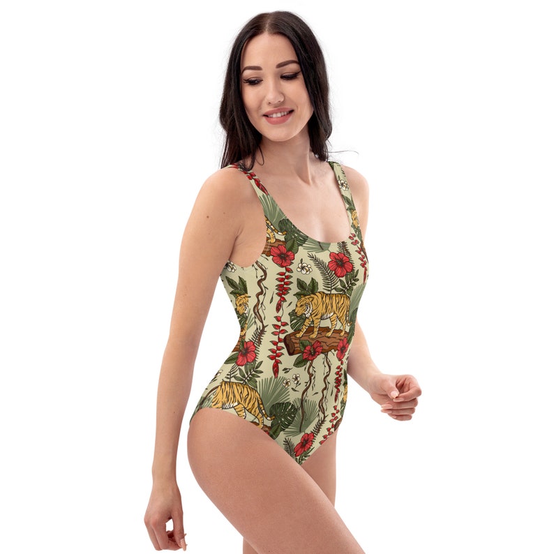 RETRO TIGER Tropical Swimsuit for Wild and Free Ladies, Safari Animal Swimming Suit, Tropical Jungle Wildlife Bathing Suit