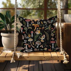 ENCHANTED FOREST Premium Throw Pillow with Birds Mushrooms Butterflies Fern, Mystical Woodland Cushion, Dark Cottagecore gift, Witchy Pillow