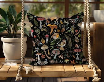 ENCHANTED FOREST Premium Throw Pillow with Birds Mushrooms Butterflies Fern, Mystical Woodland Cushion, Dark Cottagecore gift, Witchy Pillow