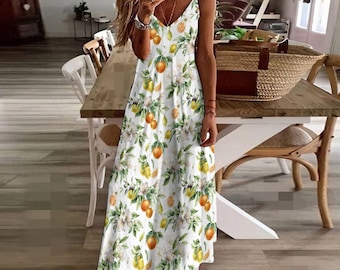 Vestido de tirantes naranjas, vestido veraniego cítrico hasta los tobillos, vestido largo mediterráneo, vestido veraniego de inspiración italiana, regalo para esposa, estilo fiesta en el jardín.