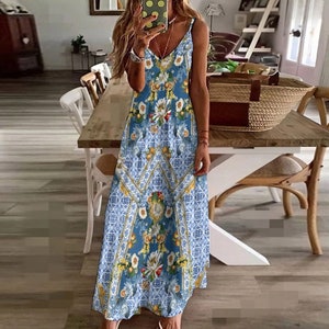 SICILIAN Sling Dress, Italian Vacations Ankle Length Sundress, Mediterranean tiles Maxi Dress, Sicily inspired Sun Dress, Gift for Wife
