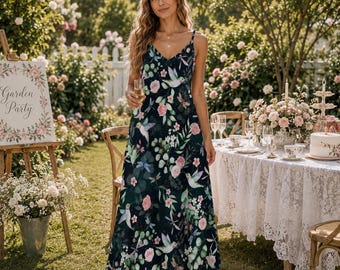 petite dresses for a springtime garden party FLORAL HUMMINGBIRDS Sling Dress, Cottagecore Maxi Sun Dress, Garden Party style Dress, Flowers Ankle Length Summer Sundress, Romantic Dress