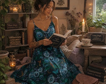 Mystical Moth & Hummingbird Dress, Dark Cottagecore Floral Maxi Dress, Boho Witchy Summer Sundress, Moon Garden Dress, Nature lover gift