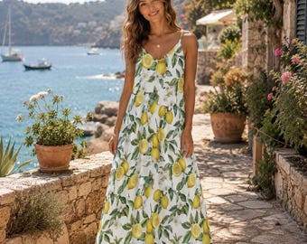 LEMON Sling Dress, Citrus Ankle Length Sundress, Mediterranean Maxi Dress, Italy inspired Sun Dress, Gift for Wife, Garden Party Style dress