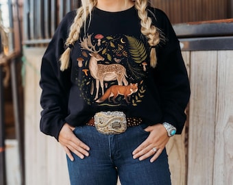 FORESTCORE Sweatshirt with Deer Fox & Mushrooms design, Woodland Animals Shirt, Nature Lovers Gift, Cottagecore Sweater, Wildlife Sweatshirt