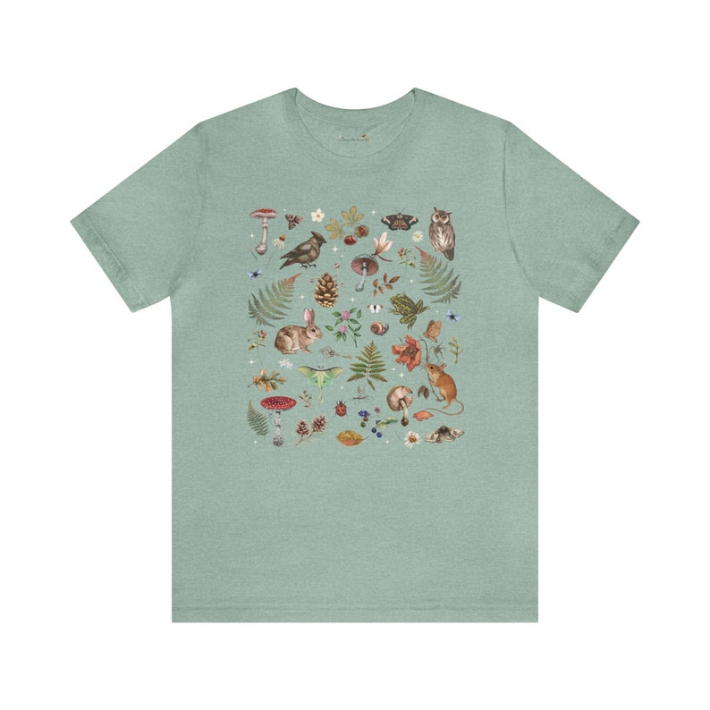 Woodland Wonders: NATURE T-shirt featuring Owl Bird Rabbit Frog Butterflies Mushrooms & Fern, Cottagecore Botanical Shirt, Forest shirt imagen 9