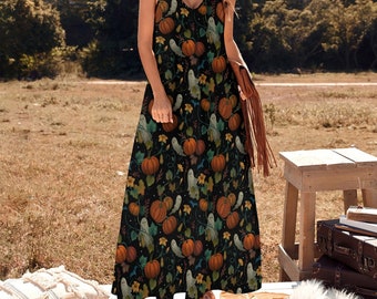 PUMPKIN GHOST Spaghetti Straps Maxi Dress, Boho Witchy Sling Dress, Fall inspired Ankle Length Sundress, Pumpkin Patch Halloween Dress