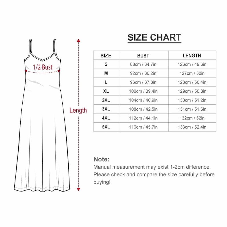 K&ouml;nnte beinhalten: Gr&ouml;&szlig;entabelle f&uuml;r ein &auml;rmelloses Maxikleid mit Ma&szlig;en in Zoll und Zentimetern. Die Tabelle zeigt die Brust- und L&auml;ngenma&szlig;e f&uuml;r die Gr&ouml;&szlig;en S bis 5XL.