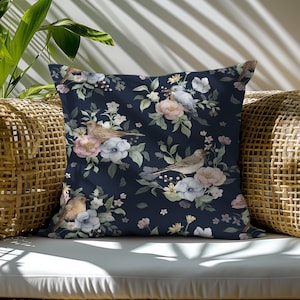 BLOOMING GARDEN Premium Throw Pillow, FLORAL Birds Indoor Pillow, Flowers Decorative Pillow, Farmhouse Accent Pillow, Living Room Cushion