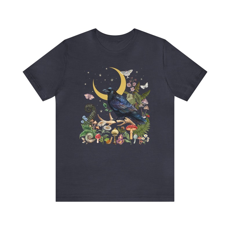 RAVEN T-shirt, BLACK BIRD Crow Dark Woods Goblincore Shirt, Mystical Forest Tee Gift for Witchy Woman, Night Moth Fairy Grunge Shirt Heather Midnight Navy