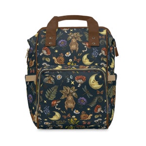 MANDRAGORA MUSHROOMS & Crescent Moon Botanical Diaper Backpack, Mystical Dark Forest Diaper Bag, Goblincore Backpack, Aesthetics Moth Bag