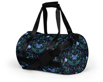 MAGICAL Blue MOTH & THISTLE Gym Bag, Floral Butterfly Waterproof Small Duffle Bag, Mystical Weekender Bag, Witchy Vibes Overnight Bag
