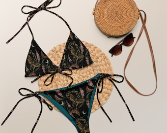 Death&#39;s Head HAWKMOTH & SNAPDRAGON FLOWERS Recycled string bikini, Mystical Boho Garden Swimsuit, Floral Butterfly Witchcore Swimming Suit