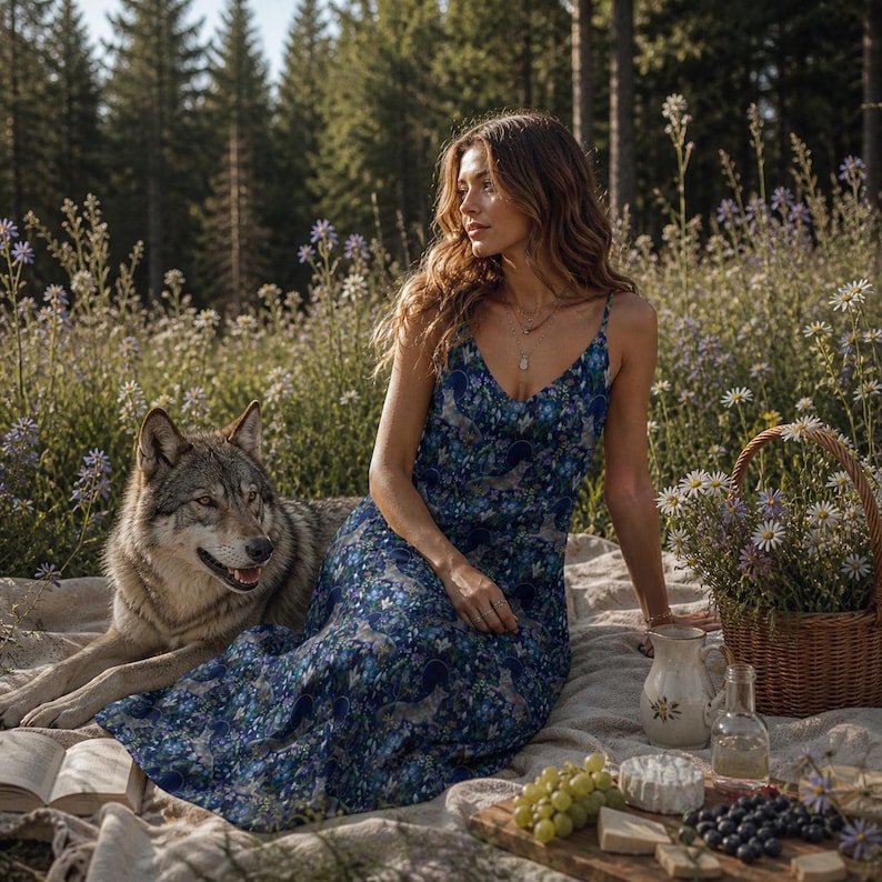 May include: A woman in a blue floral print dress sits on a blanket with a wolf in a field of wildflowers. A picnic basket, cheese, grapes, and a pitcher are nearby. The dress has a V-neck and spaghetti straps.