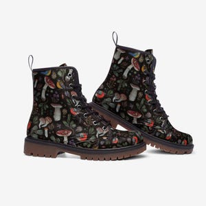 MUSHROOM & FOREST BIRDS Faux Leather Lightweight Combat Boots, Dark Woodland Goblincore Fairycore and Witchy Lovers