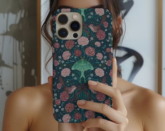 GREEN LUNA MOTH Birds & Carnation Flowers Tough Cell Phone Case, Cottagecore Floral Smartphone Case, - iPhone, Google Pixel, Samsung Galaxy
