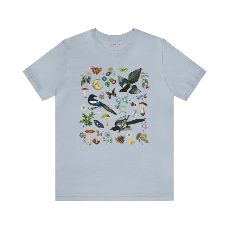 WOODLAND Shirt with MAGPIES MUSHROOMS Butterflies Moth Bindweed Wildflowers & Forest Plants, Botanical Tee for Nature Lovers Gift Light Blue