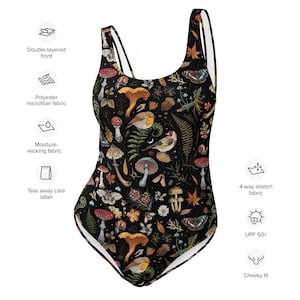 ENCHANTED FOREST One-piece Swimsuit with Birds Butterflies Mushrooms Fern Print, Botanical Swimming Suit, Mystical Woodland Swimsuit