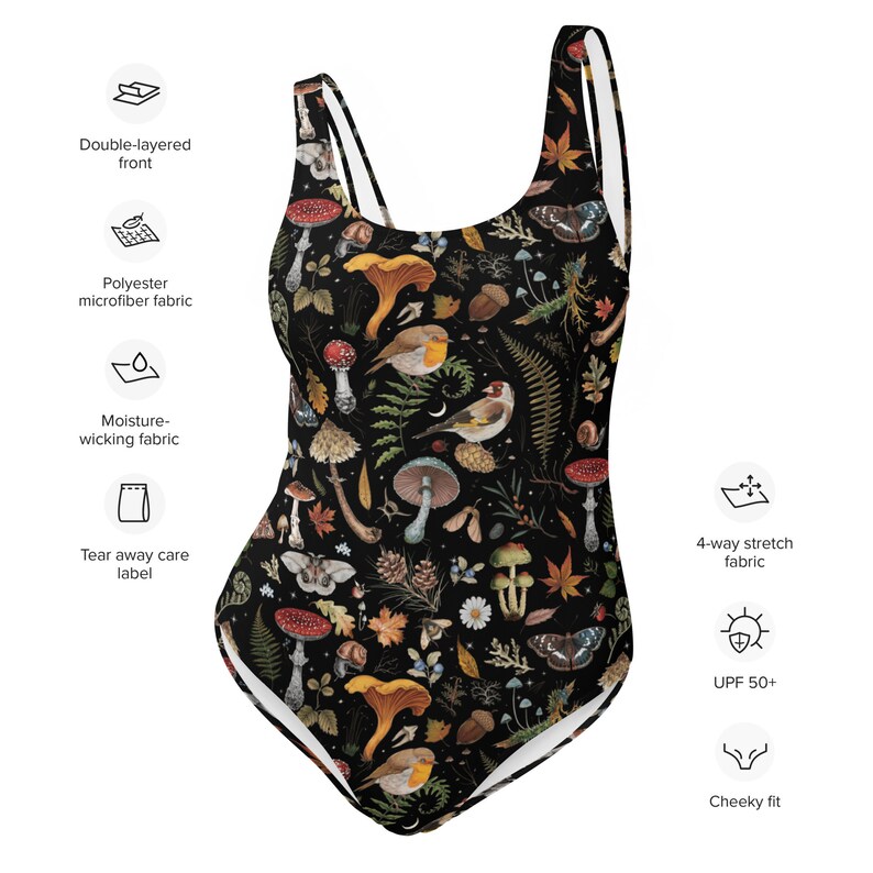 ENCHANTED FOREST One-piece Swimsuit with Birds Butterflies Mushrooms Fern Print, Botanical Swimming Suit, Mystical Woodland Swimsuit