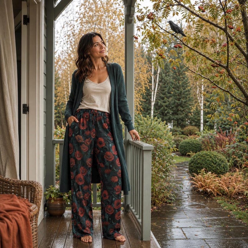 May include: A dark green open-front cardigan worn over a cream-colored tank top and loose-fitting trousers featuring a dark background with a vibrant red poppy floral print. The trousers have a high-waisted fit and a wide-leg silhouette.