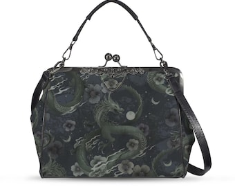 MYSTICAL DRAGON Kisslock Shoulder Bag, Fantasy Dragon Bag, Witchy Crossbody Purse, Whimsigoth Messenger Bag, Fantasy Book Reader gift