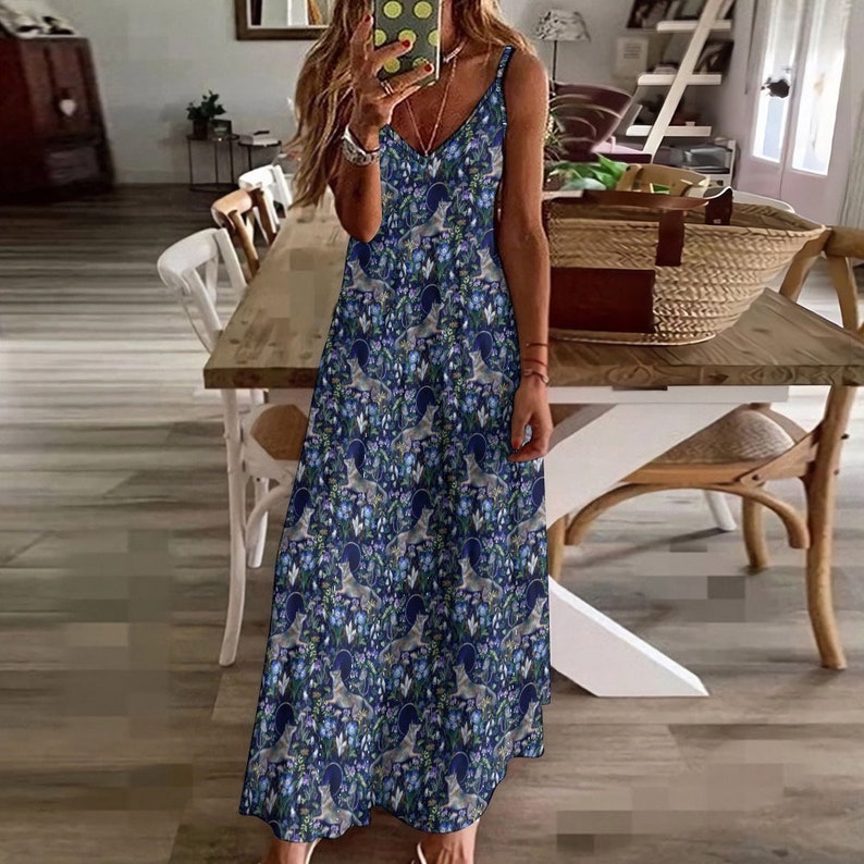 MYSTICAL WOLF Sling Dress, Boho Witchy Dress with Full Moon Wolf and Night Flowers print, Dark Cottagecore Dress, Ankle Length Casual Dress image 6