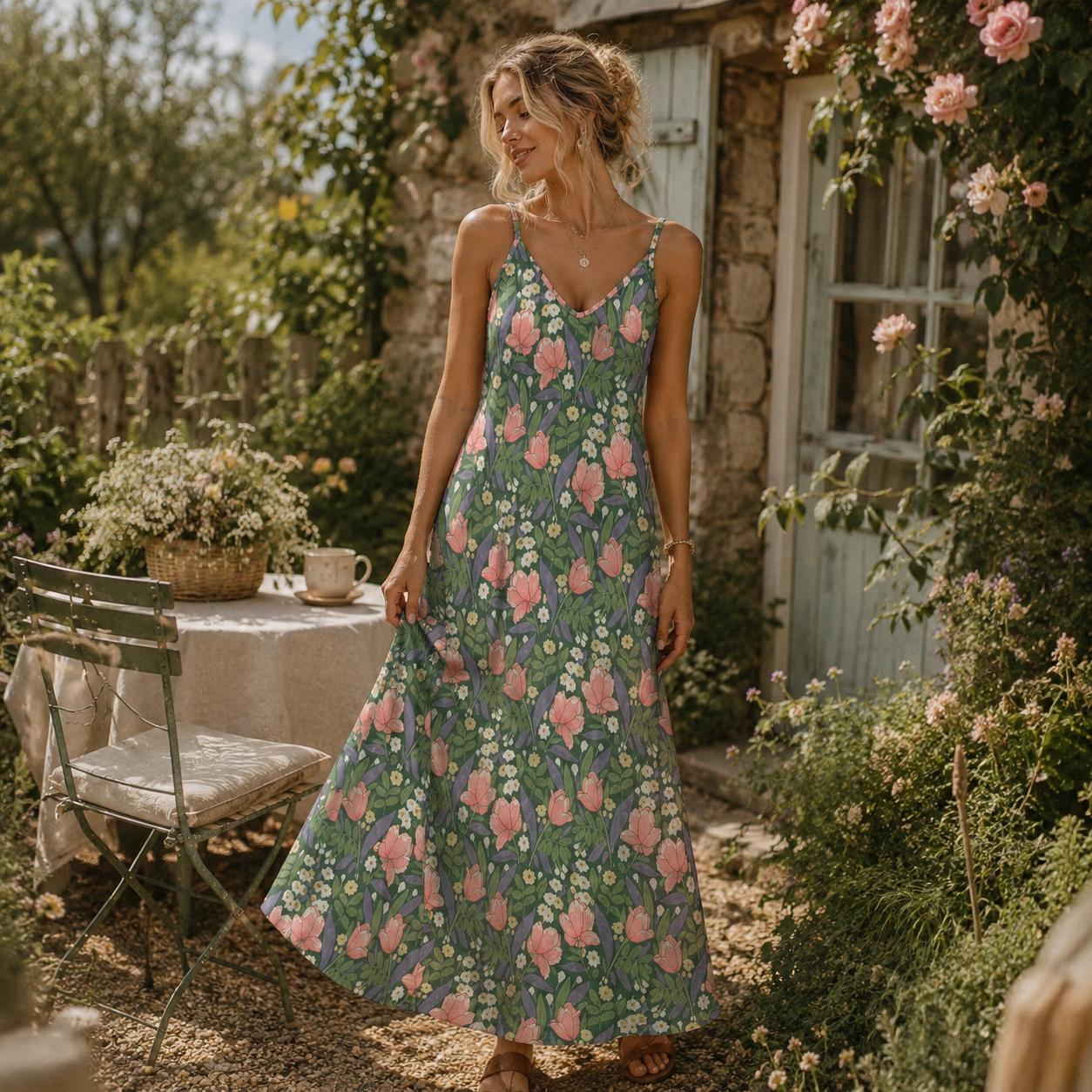 COTTAGECORE FLORAL Summer Dress, TULIPS Ankle Length Dress