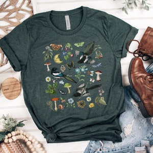 WOODLAND Shirt with MAGPIES MUSHROOMS Butterflies Moth Bindweed Wildflowers & Forest Plants, Botanical Tee for Nature Lovers Gift