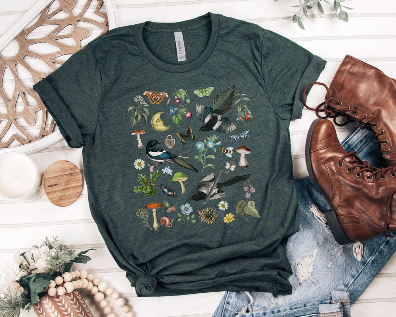 WOODLAND Shirt with MAGPIES MUSHROOMS Butterflies Moth Bindweed Wildflowers & Forest Plants, Botanical Tee for Nature Lovers Gift Heather Forest