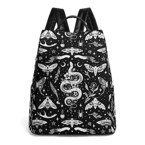 MYSTICAL SERPENT Anti-theft Perfect for Day Trips Backpack, Whimsigoth Vegan Leather Daypack, Floral Snake & Celestial Moth Witchy Daypack