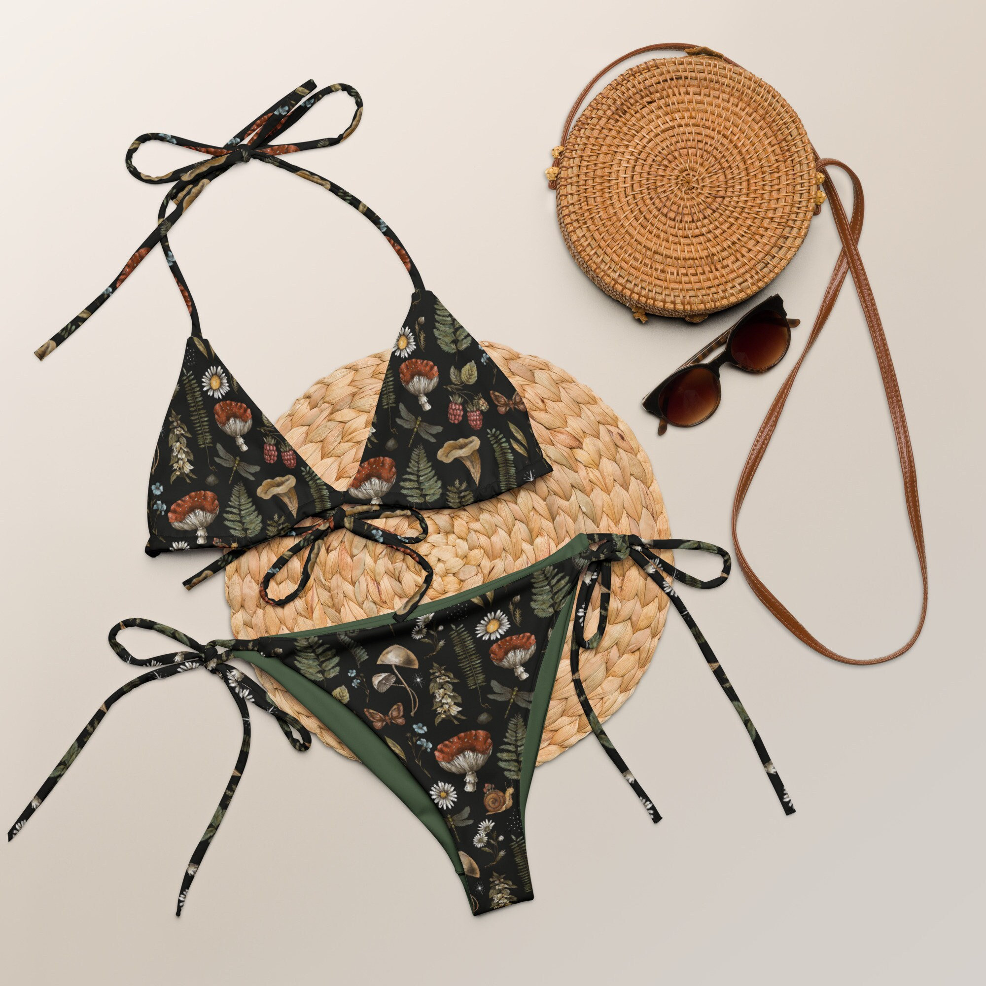 WOODLAND TREASURES Recycled string bikini with Mushrooms Snail Moth Daisies & Fern, Cottagecore Botanical Swimming Suit, Witchy Bathing Suit