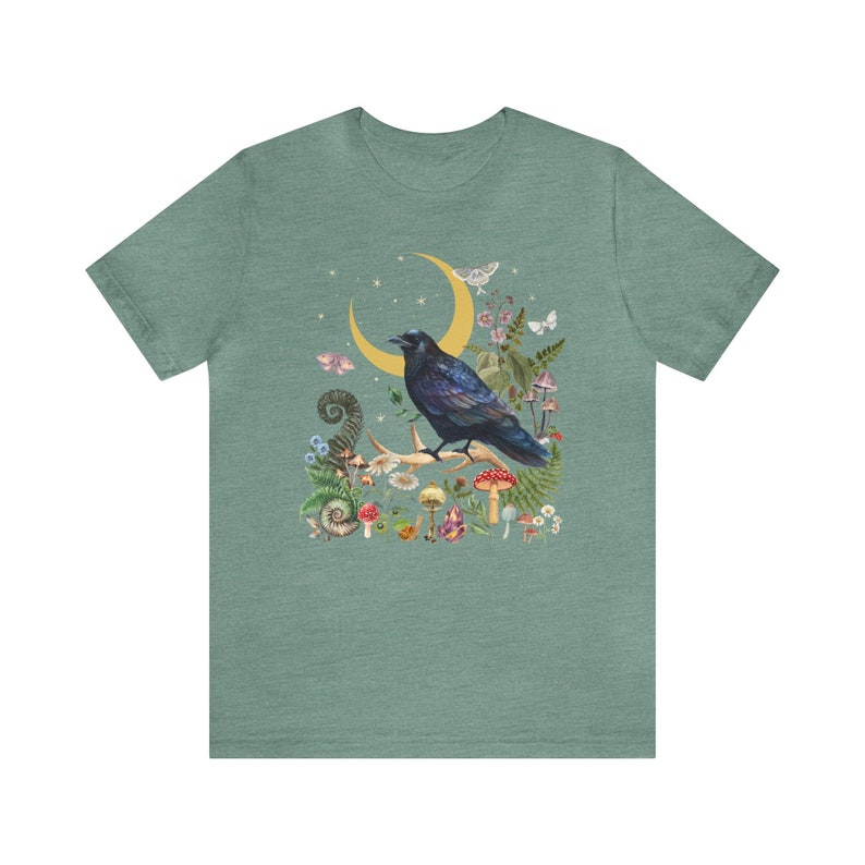RAVEN T-shirt, BLACK BIRD Crow Dark Woods Goblincore Shirt, Mystical Forest Tee Gift for Witchy Woman, Night Moth Fairy Grunge Shirt Heather Dusty Blue