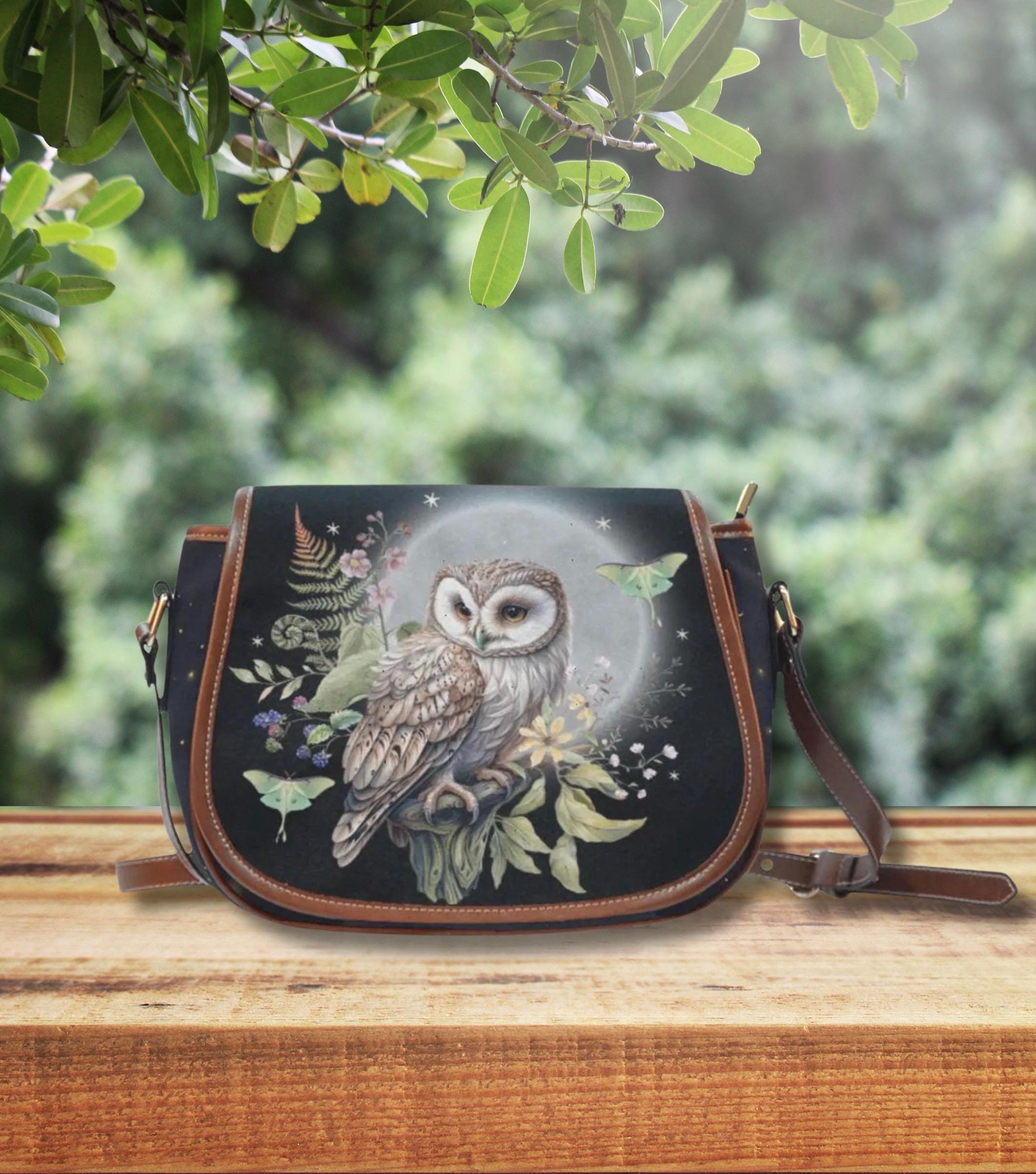 MYSTICAL Owl and Luna Moth Crossbody Saddle Bag, Forestcore Small Shoulder Bag for Nature Lover Gift