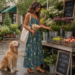 CUTE DOGS Sling Dress, Rain Puppies Ankle Length Sling Dress, Garden Party Style Maxi Dress, Cottagecore Sundress, Dog Mama Gift, Fall Dress immagine 6